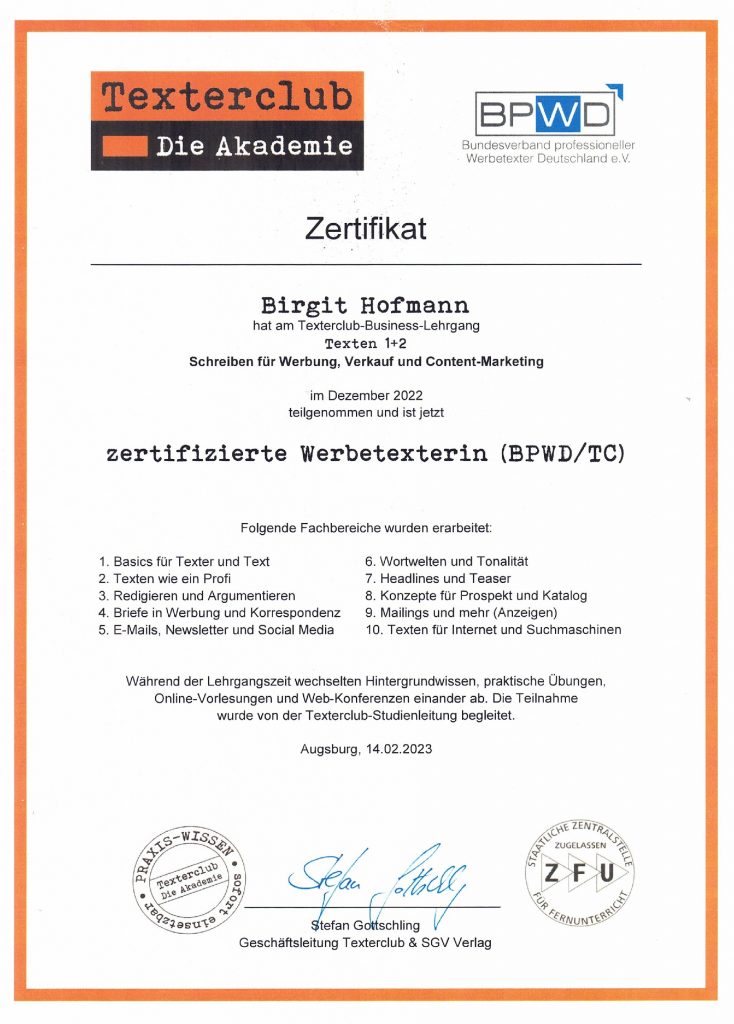 Zertifikat "Zertfizierte Werbetexterin" Birgit Hofmann